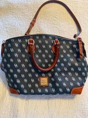 Dooney & Bourke Navy Blue Logo Satchel with Brown Leather Trim